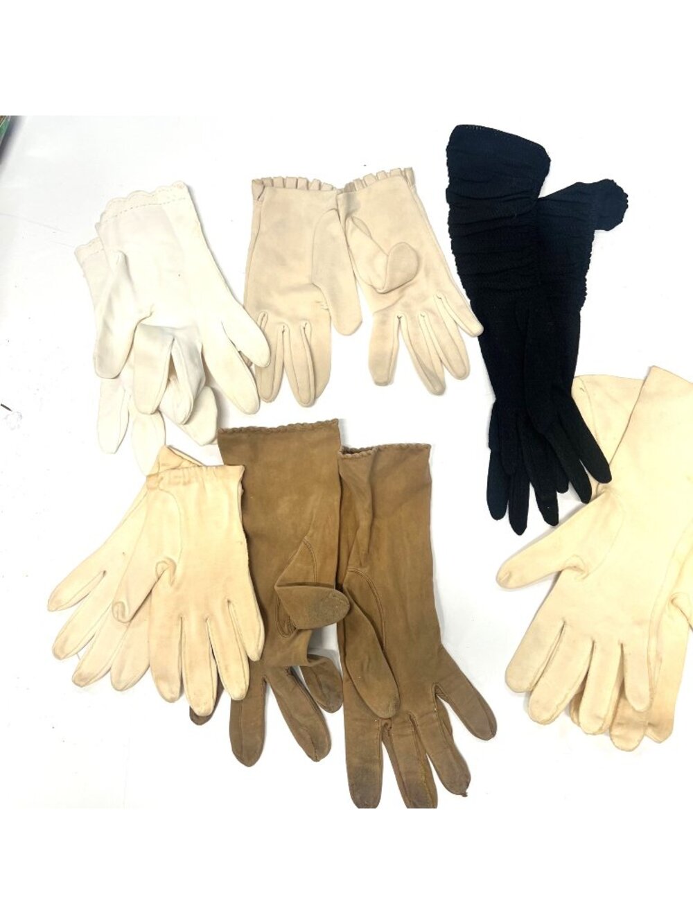 Vintage Mid-Century Glove Lot | 6 Pairs Cream Tan Black Suede Nylon Cotton